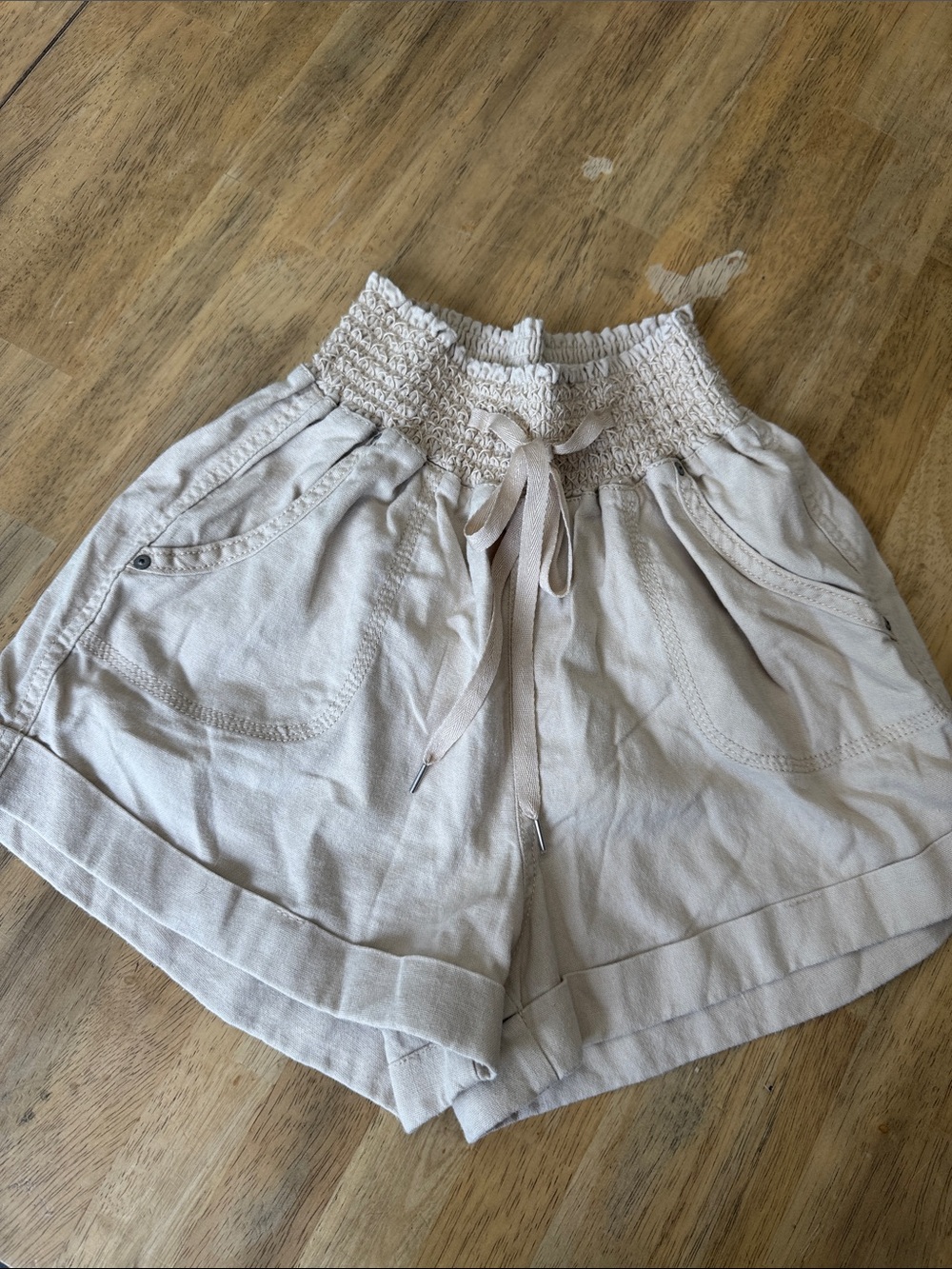 High-Waist Smocked Drawstring Shorts — Light Beige